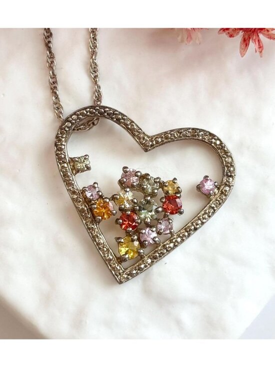 Jewelry - Rainbow Gemstone Heart Shaped Sterling Silver 925 Vintage Pendant Necklace - 18"